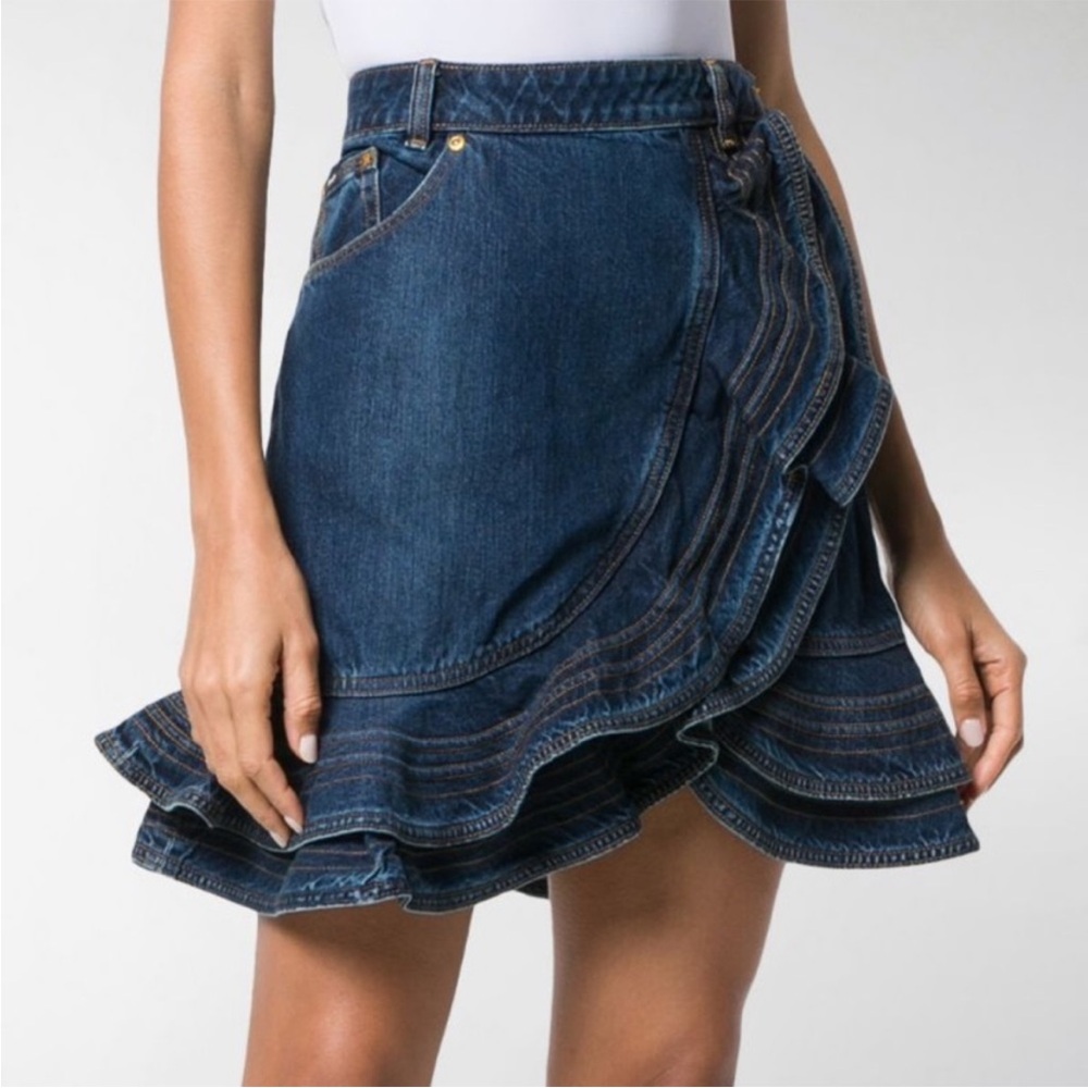 Self-Portrait /Lee Asymmetrical Denim Skirt with Ruffles and pocket